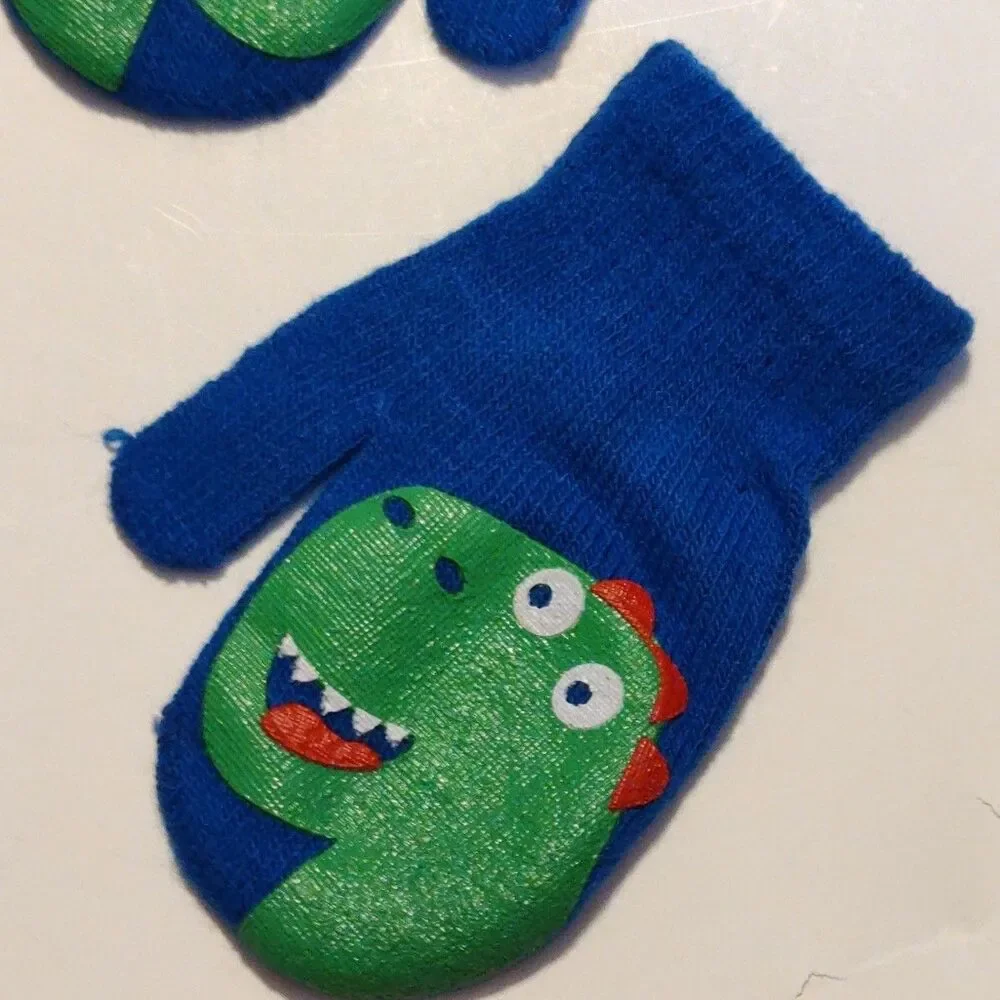 2 Pair Set Toddler Boys Multicolored Dino Dinosaur Knit Mittens Warm Winter NEW